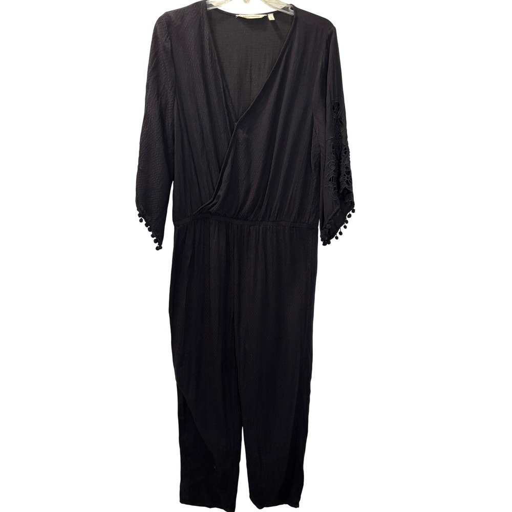 Soft Surroundings Boho Jumpsuit Navy Blue Embroidered Floral Pom Pom Sleeve